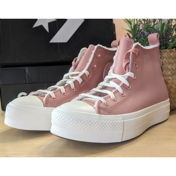 Converse CTAS Lift Platform Sherpa Lined Rust Pink Leather Hi Tops Size W9.5 NIB - Picture 4 of 12